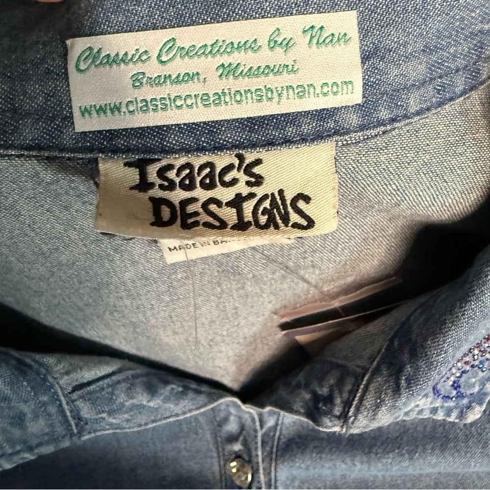 Isaac’s Designs Denim Jacket Embellished Shirt Unique USA Rhinestone Women’s 1XL - Picture 12 of 15
